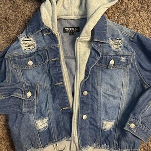 Thrill women Distressed Blue Denim Jacket with Gray Hood